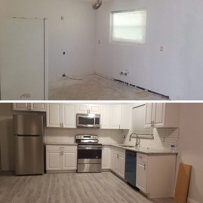 Total kitchen remodeling, cabinets installation, backsplash, appliances installation, vinyl planks installation