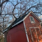 Back side of the barn, tree leaning on the ridge and had rubbed a hole 2 feet long and 6 inches wide causing leaks, the tree was going to cause further structural damage and thus needed to be removed.