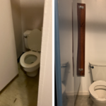 Before and after of toilet stall.