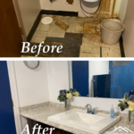 Before and after of back wall, moved sink and installed vanity, countertop and mirror.