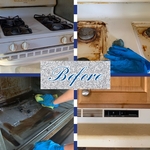 Before pictures of Inside/out oven, stainless back splash, and hood.
