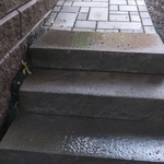 Stairway - walkway - patio (permeable) - landing - retaining wall transition continuation.