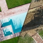 Before after combo picture from drones perspective showing the hole in the ground and the finished product with the concrete inground pool and stamped concrete pool deck