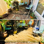 Back wooden deck, decaying from mold, mildew and algae growth! Treated and cleaned with low pressure!