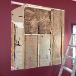 Rock wall fireplace