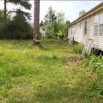 Rear side of building with tall grass and shrubs, and overgrown property line in background.