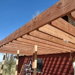 Demo existing stairs rebuild stairs and porch roof over Barn entry and build deck second floor going out guest house over garage with the Dormer.
