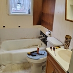 Before Photo - Tub sunk in floor 4 inches, Linoleum flooring peeling, sub-flooring and joists rotted, all water pipes and drains were leaking for years.
