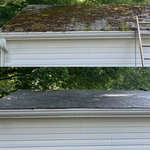 Before/After image of shed roof and gutters.