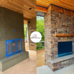 Stonework exterior fireplace.