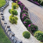 Pavers flipped as edge. White Stone and mulch with beautiful shrubs planted.