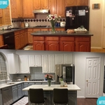 Before and after of kitchen interior painting of cabinets, walls, ceilings, trim and doors.