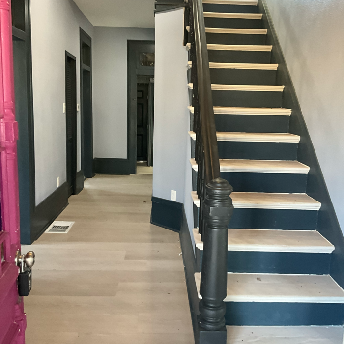 Remodel clean - Hand wet dusted railing and scrubbed stairs.