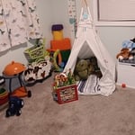 This what kids room looks like after I've cleaned up toy vacuumed and put away clothes and crib with fresh clean bedding