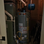 Installed 75 gallon power vent water heater, 5 gallon thermal expansion tank and safety pan. Install recirculating pump.