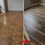 The image on the left is the before. As you can see the flooring in the beginning was damaged (dark spots), but in the after picture the flooring looks nice and neat.