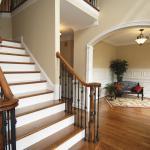Traditional Stairs - Tan Open White Wood Wall Paneling