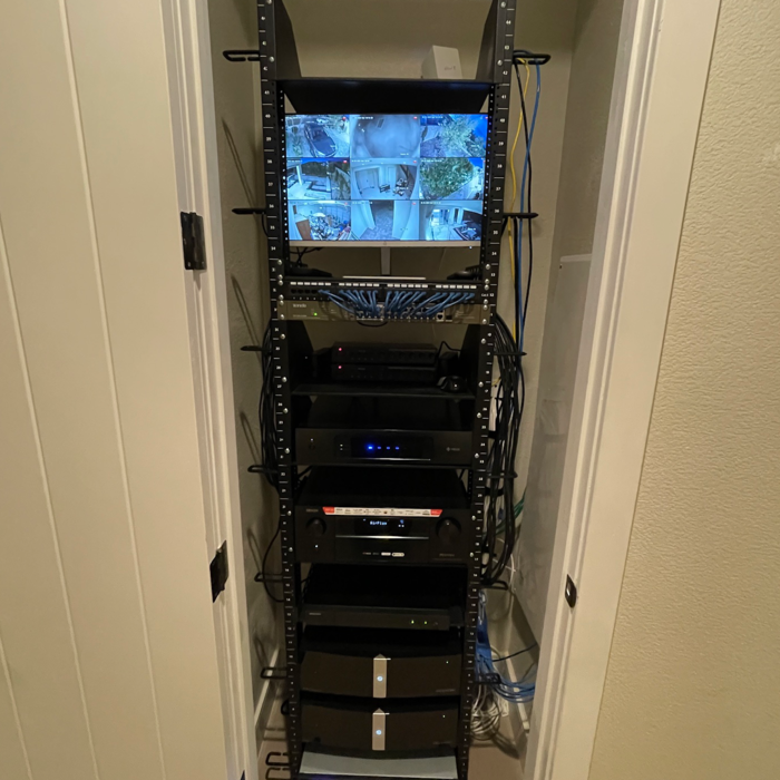 We completed a multifaceted project that involved designing and installing a comprehensive network, IP camera system, and integrated sound system for a large residential property. Our team installed high-quality IP cameras with PoE capabilities, ensuring 24/7 surveillance with remote monitoring access via mobile devices and computers.
In addition, we set up a robust network infrastructure to support the camera system and the client’s smart home devices, ensuring high-speed internet connectiv