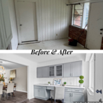 Before and After of a transition room- our team added in a build-in office space and opened up the recess area of the room to give a more open-concept space