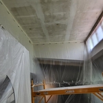 Popcorn texture removed. Ceiling surface is ready for repairs, sanding, new sandfloat texture, and paint