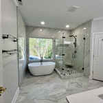 Complete bathroom remodel, Glass door, tub install, walk in shower, flooring and painting