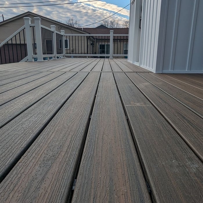 Close-up view of the Trex Basics Toasted Sand decking, highlighting the woodgrain texture and color variation. The composite material provides a high-end, durable finish perfect for year-round use with minimal upkeep.