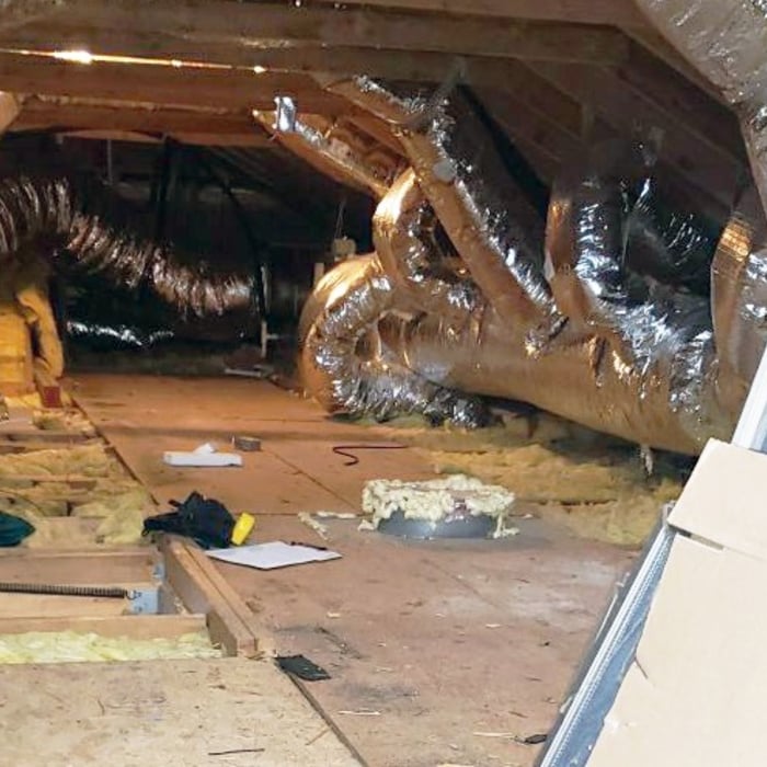 Attic is not air sealed and has exposed fiberglass insulation. Exposed fiberglass insulation does next to nothing to insulate.