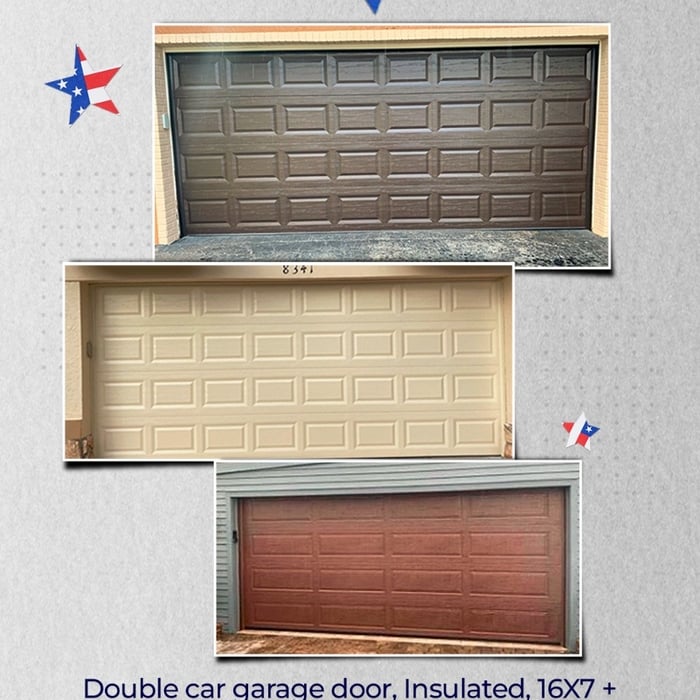 Double car garage door, Insulated, Size: 16X7 + Liftmaster opener series 8165 ½ power + 1 car clicker $3.100
Available colors: White, Chocolate, Almond
Available designs: Short, long or flush panel