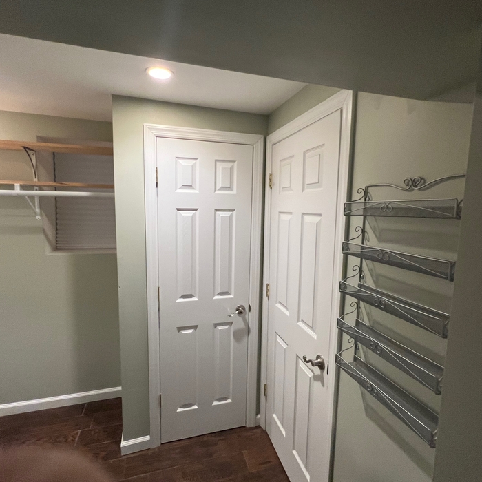 Closets and entryway to bathroom and rear exit