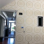 All Benjamin Moore paint: 508 ceiling paint on ceilings, Regal semigloss on trim. Customer supplied wallpaper.