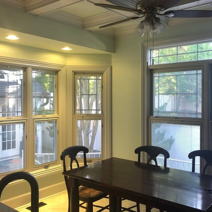 All Benjamin Moore paint: 508 ceiling paint on ceilings, Regal matte on walls, Regal semigloss on trim.