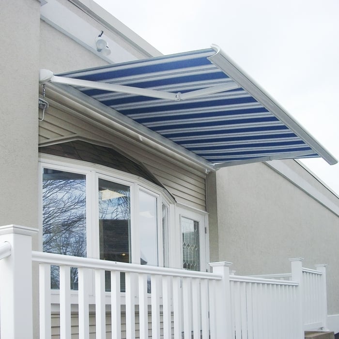 The Villa Awning has a full cassette protecting the fabric when retracted. It is available in smaller mounting widths, and due to a different type of support in the awning frame, it does not require as much frame support.