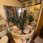 This garden tub became a convenient place for storage.