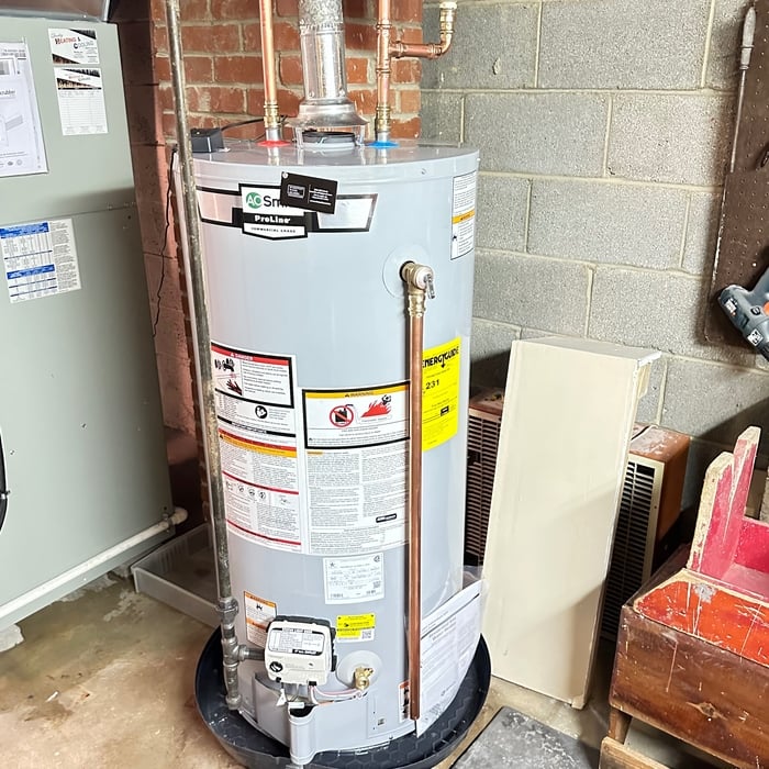 40 gallon A.O. Smith proline water heater installed in drain pan with new shut off valves and expansion tank installed with powered anode rod for softened well water