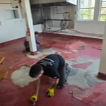 Starting the demo of the existing flooring.
Its wasn't easy. The linoleum has been down for 20+ years.
My son Noah and Marco are giving it there all.