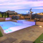 Completed pool and spa installation with tiled water feature wall, a Baja shelf, retaining walls, paver pool deck, elevated paver patio, and artificial turf.