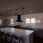 Rendering for new Open Concept Kitchen with open shelving and a large 10' island.