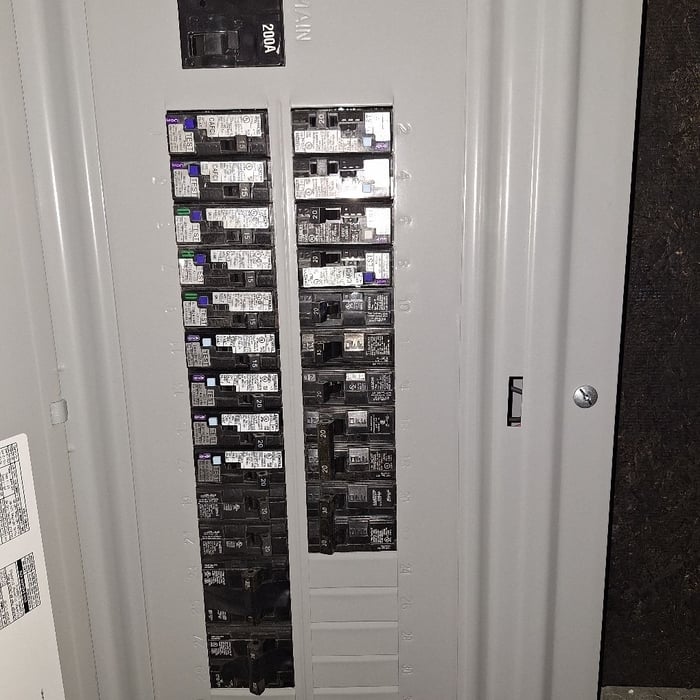 Here is an example of a new 200 amp panel planned to allow upgrades. Extra spaces and all required breakers are GFCI and AFCi protected per 2023 NEC code. Now this home owner will not have to worry about their electrical being unsafe!