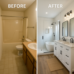 This photo shows a full bathroom transformation from outdated and cramped to clean, modern, and luxurious. The old fiberglass tub-shower combo, basic vanity, and dated finishes were replaced with a walk-in glass shower featuring herringbone tile, a freestanding soaking tub, modern matte-black fixtures, a double vanity with marble-style countertops, and warm wood flooring. The space now feels bright, open, and high-end — a complete upgrade in both style and function.