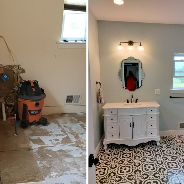 New vanity, light, mirror, fixture tile and base trim