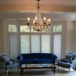 Blue Tufted Sofa and Blue/White arm Chairs