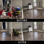 transformation of a heavily cluttered room into a clean, open, and usable space. The before photos show trash, household items, shelving, furniture, and debris covering much of the room and floor. The after photos show the unwanted items and debris removed, leaving the floors cleared and the room significantly cleaner and ready for its next use.
