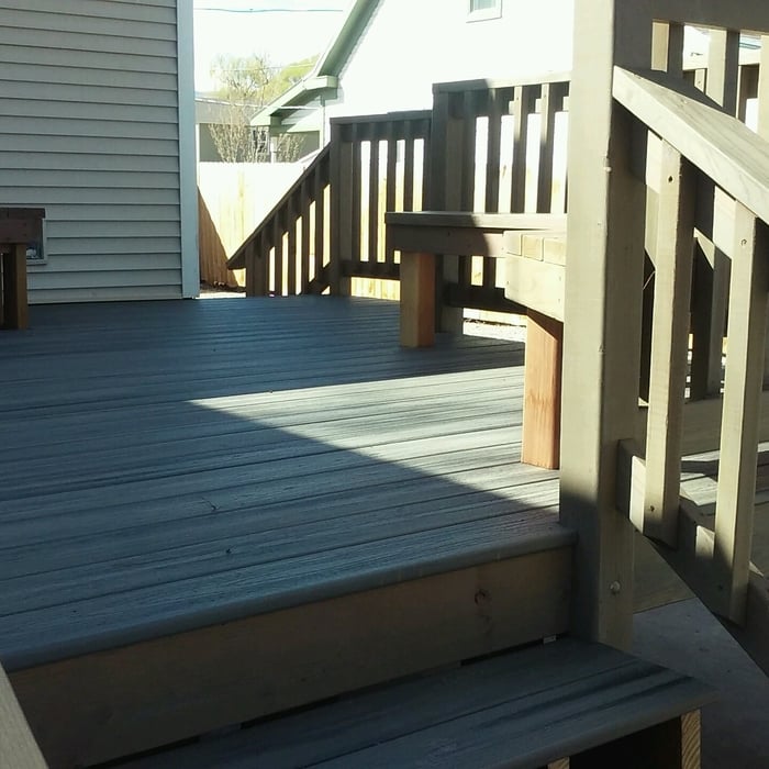 Trex deck, benches and Redwood handrail.