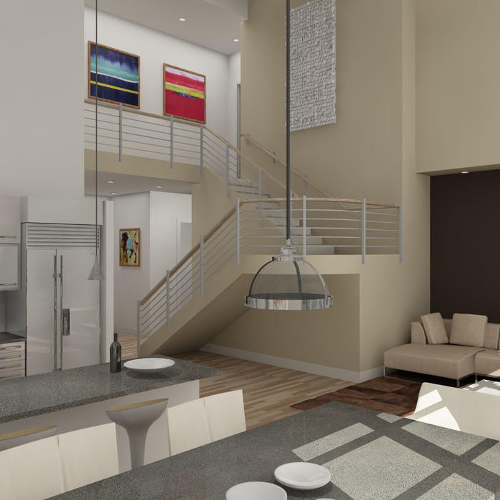 Contemporary Family Room - Grey Sofa White Metal Cabinets