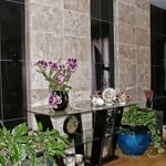 Asian Inspired Family Room with Tiled Accent Walls