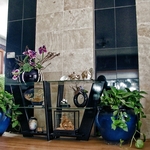 Asian Inspired Family Room with Tile Accent Wall