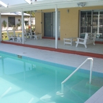 White deck with terracotta trim
