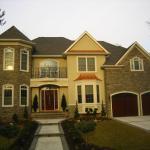 Traditional Home Exterior - Path Brick Burgundy Front Door With Glass Design Detail
