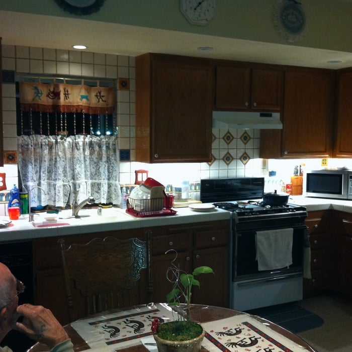 With Under the counter lights and soffit repaired