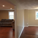 Water damaged living room and kitchen